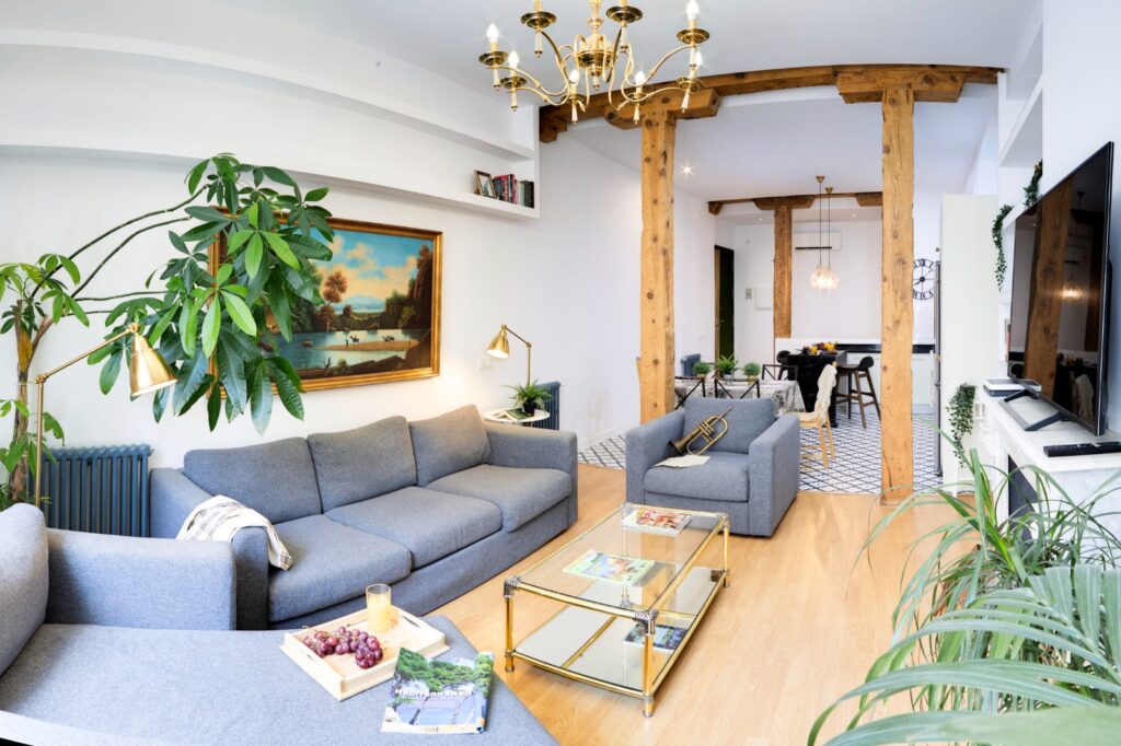 Zona de estar del apartamento con sofás, plantas y vigas de madera
